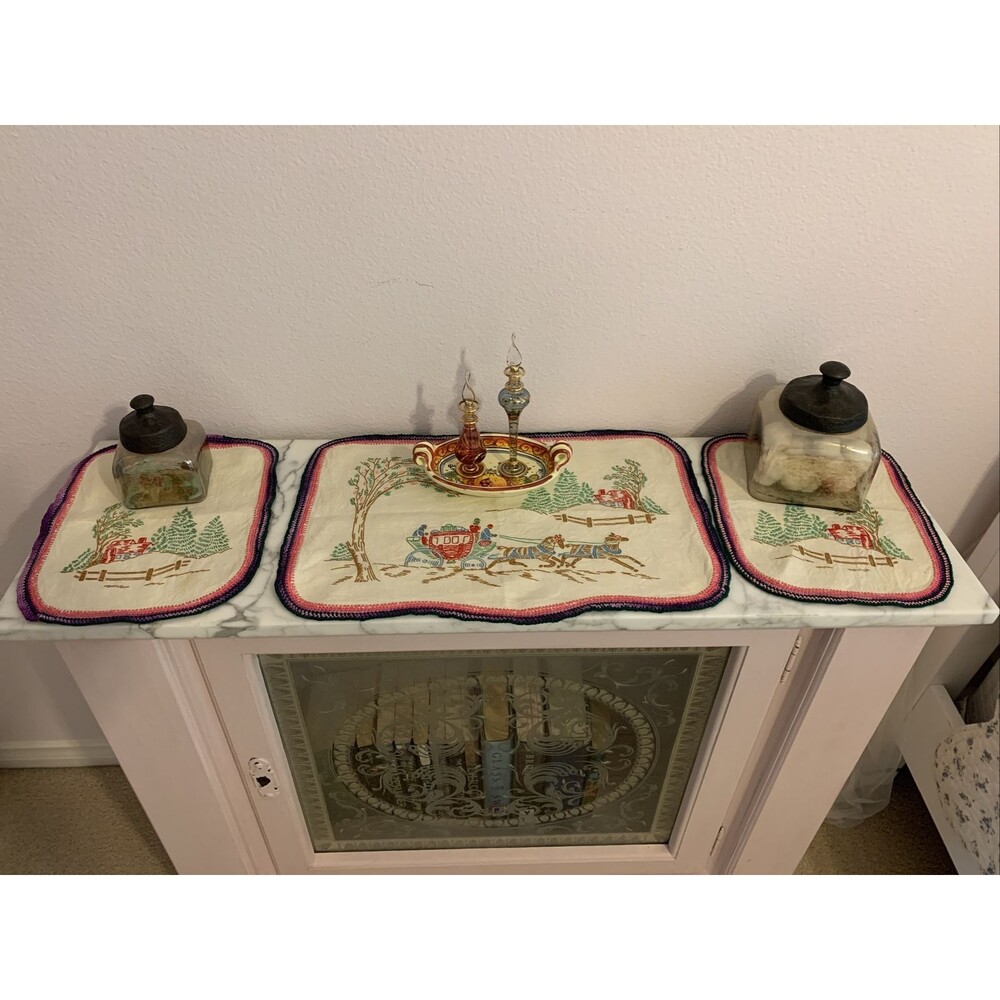 vintage handmade embroidered and crochet Vanity/ Table Runner